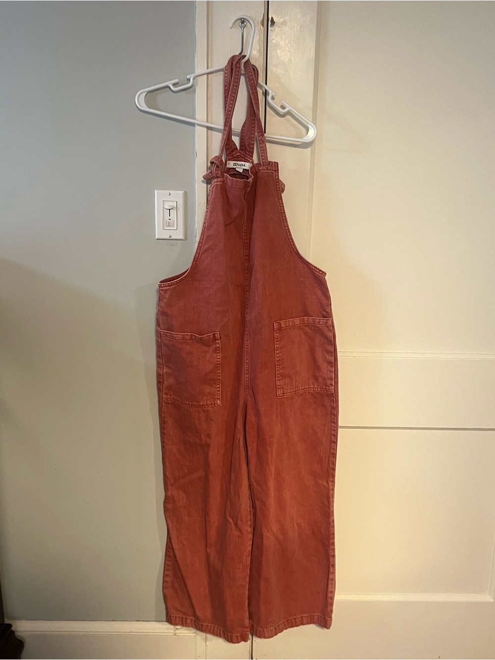 Zenana jumpsuit/overalls with tie knots and cropped jean material